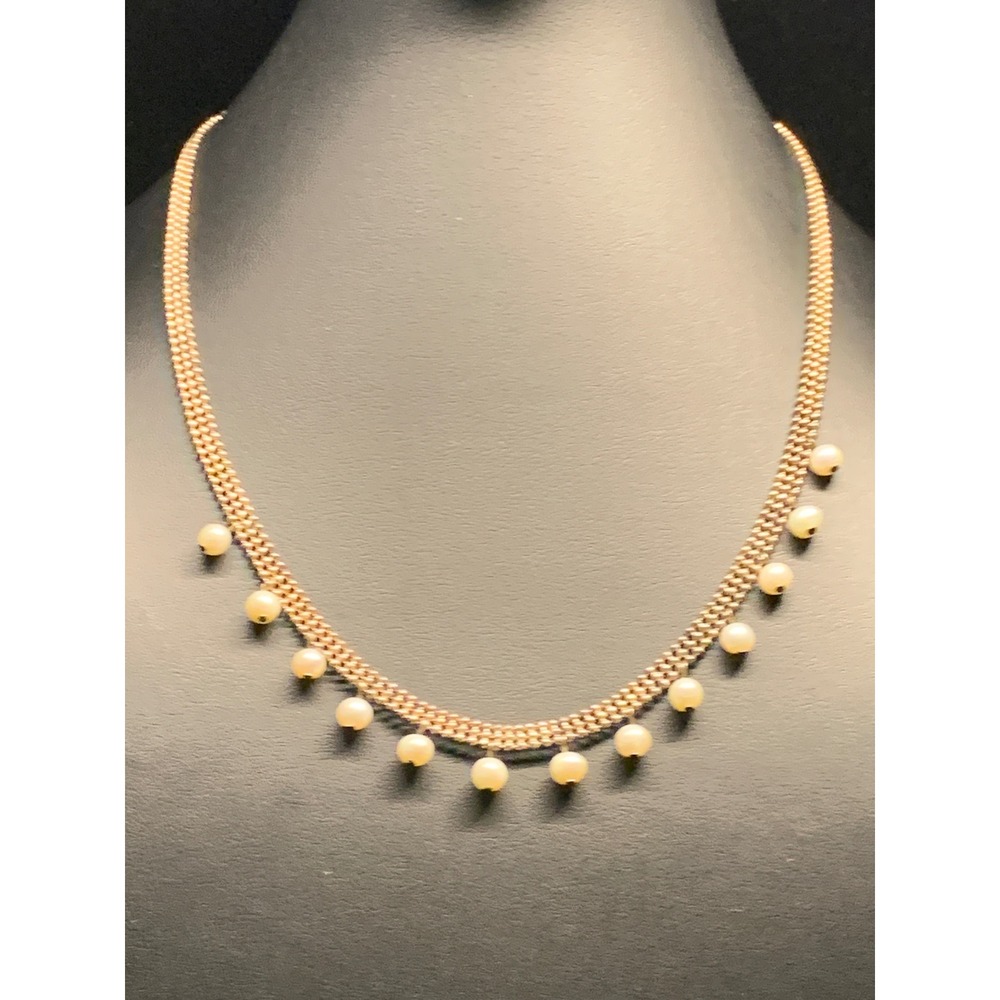 Sterling Silver 925 Mesh Chain Fringe Pearl Drop Choker Necklace 14-16 In
